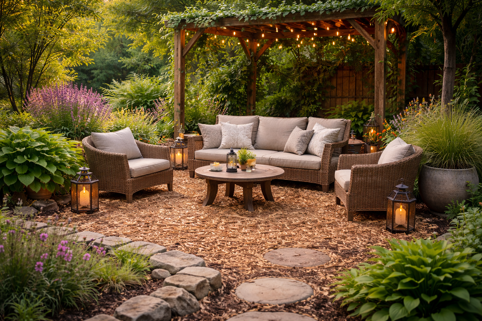 Зона отдыха с мульчей и натуральными элементами: идеи оформления